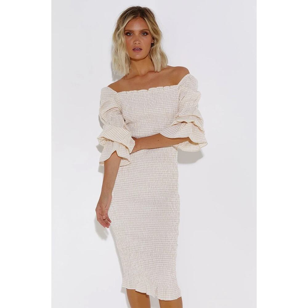 SNDYS Courtney Dress White Cream Smocked Check Gingham US 12 Bodycon Fitted